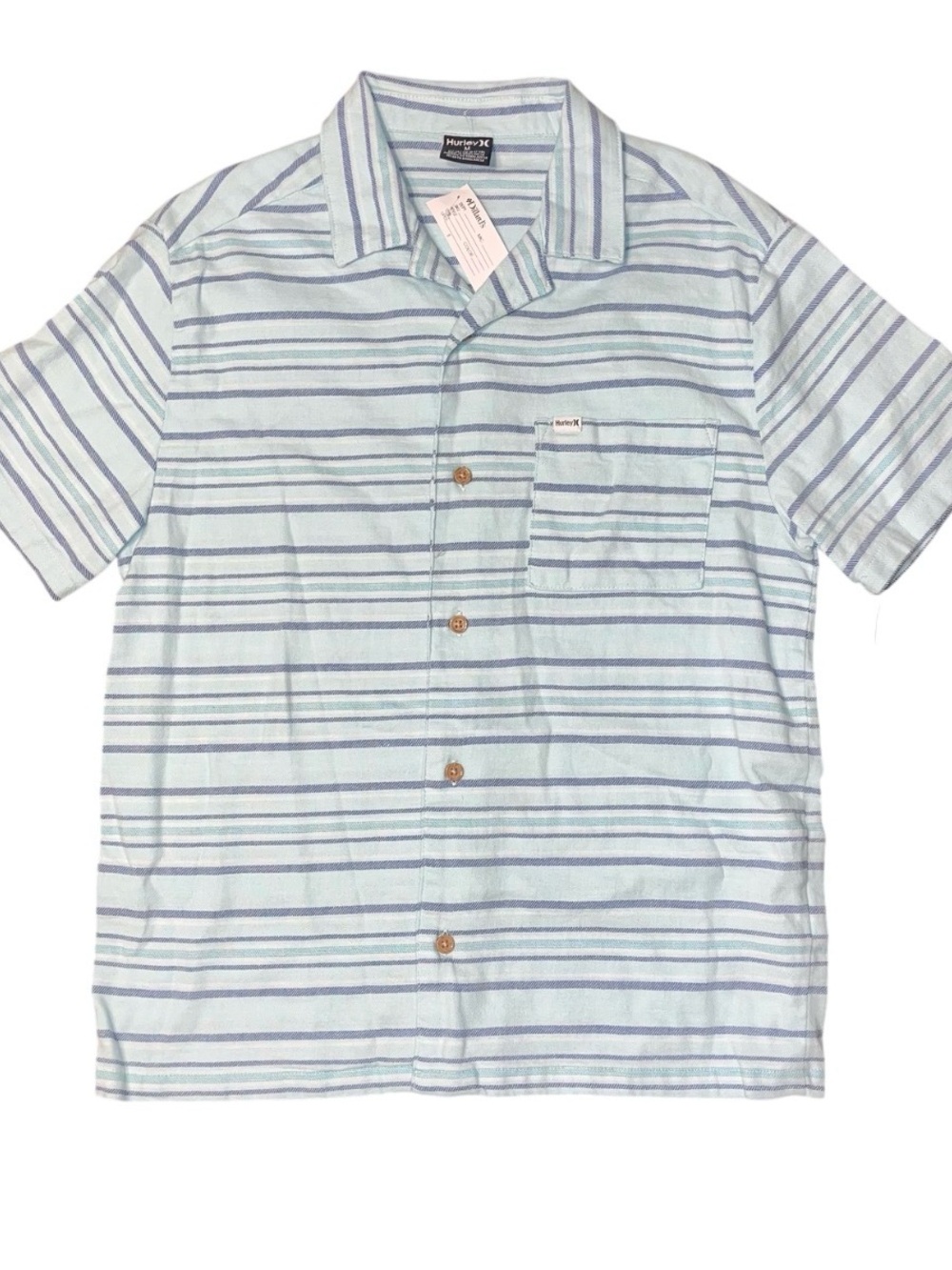 Hurley Blue Striped Short Sleeve Collar Button Up Shirt Boys Medium NWT Pocket